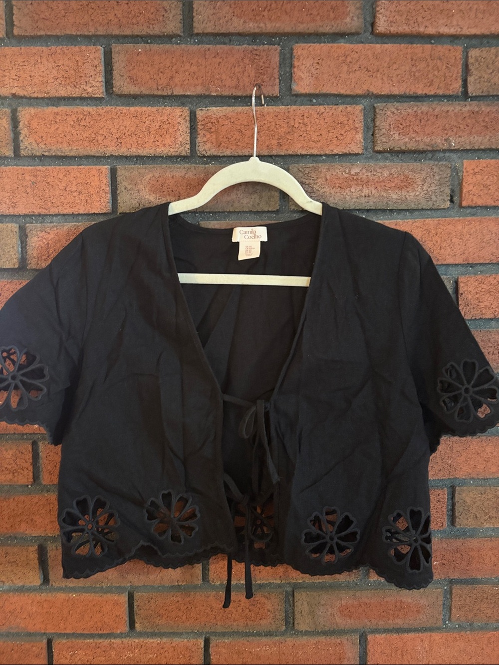 Camila Coelho Black Cropped Tie-Front Top with Floral Cutouts